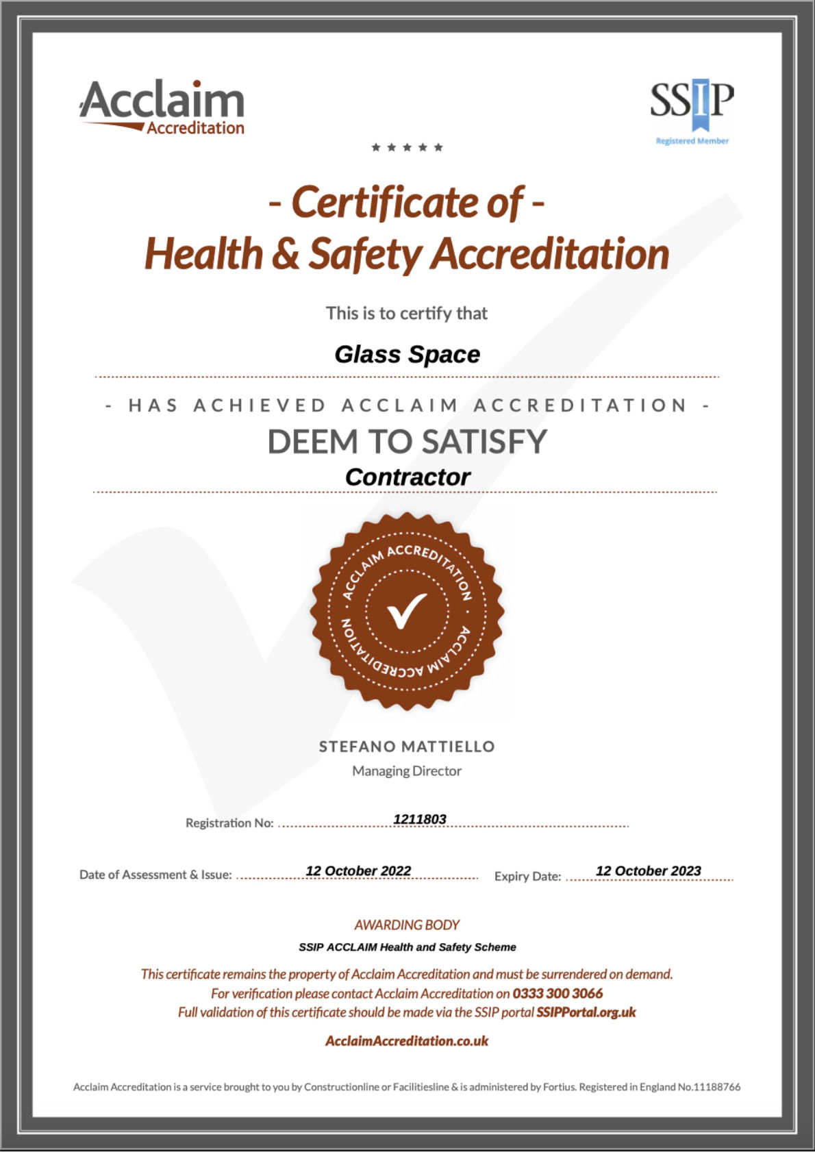 SSIP Acclaim Accreditation - Deem to Satisfy Contractor.